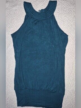 XXI Forever Teal Halter Neck Blouse Blouson Banded Bottom Top Small Early 2010s